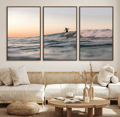 58502923-MGV-FC-60X30-3P_Walnut-Wave Rider Wall Art Canvas Print, Framed Ocean Wave Art Picture Print, Riding Surf Perfect Sunset Surf Decor Artwork