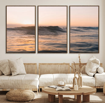 46299358-MGV-CV-36X24-Sunset Waves Wall Art Canvas Print, Framed Ocean Horizon Art Picture Print, Golden Water Perfect Golden Hour Coastal Decor Artwork