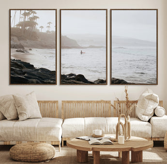 62501405-MGV-CV-36X24-Misty Beach Wall Art Canvas Print, Framed California Surfer Art Picture Print, Coastal Cliff Perfect Coastal Beach Decor Artwork