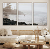 62501405-MGV-FC-60X30-3P_Walnut-Misty Beach Wall Art Canvas Print, Framed California Surfer Art Picture Print, Coastal Cliff Perfect Coastal Beach Decor Artwork