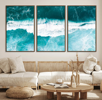 23828594-MGV-FC-60X30-3P_Walnut-Aerial Waves Wall Art Canvas Print, Framed Ocean Break Art Picture Print, Sea Foam Perfect Tropical Coastal Decor Artwork
