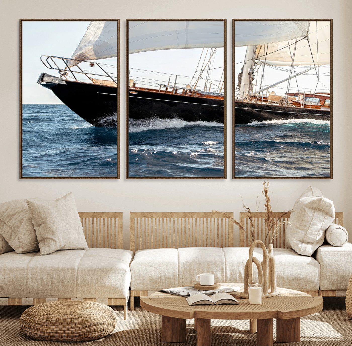 97168626-MGV-FC-60X30-3P_Walnut-Sailing Yacht Wall Art Canvas Print, Framed Wooden Yacht Art Picture Print, Ocean Waves Perfect Nautical Coastal Decor Artwork