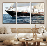 97168626-MGV-FC-60X30-3P_Walnut-Sailing Yacht Wall Art Canvas Print, Framed Wooden Yacht Art Picture Print, Ocean Waves Perfect Nautical Coastal Decor Artwork