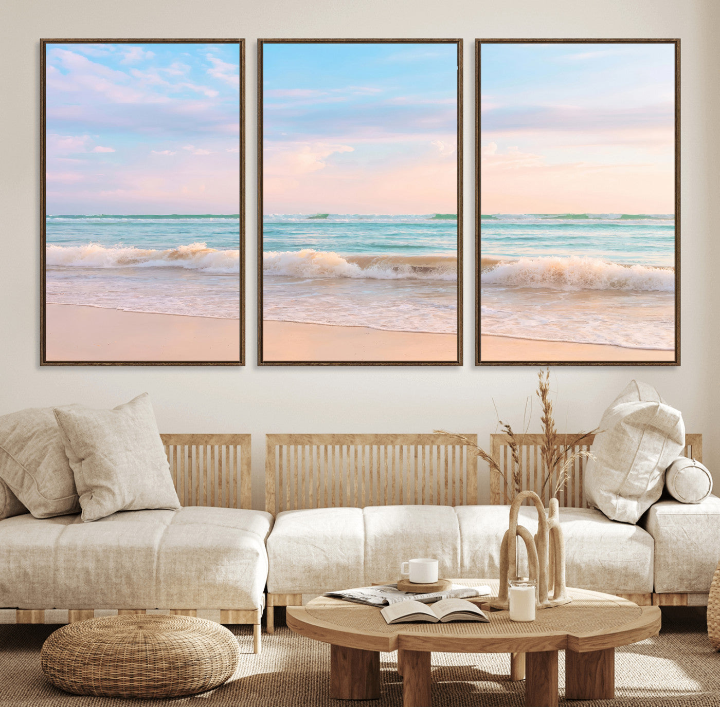 74679437-MGV-CV-36X24-Pastel Ocean Wall Art Canvas Print, Framed Beach Waves Art Picture Print, Soft Sunset Perfect Pastel Coastal Decor Artwork