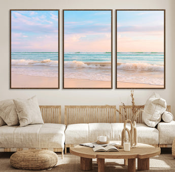 74679437-MGV-FC-60X30-3P_Walnut-Pastel Ocean Wall Art Canvas Print, Framed Beach Waves Art Picture Print, Soft Sunset Perfect Pastel Coastal Decor Artwork