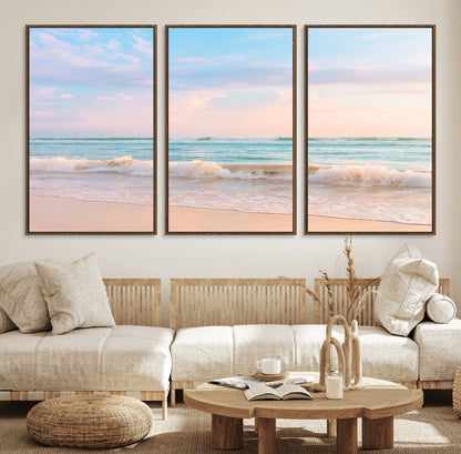 74679437-MGV-FC-60X30-3P_Walnut-Pastel Ocean Wall Art Canvas Print, Framed Beach Waves Art Picture Print, Soft Sunset Perfect Pastel Coastal Decor Artwork