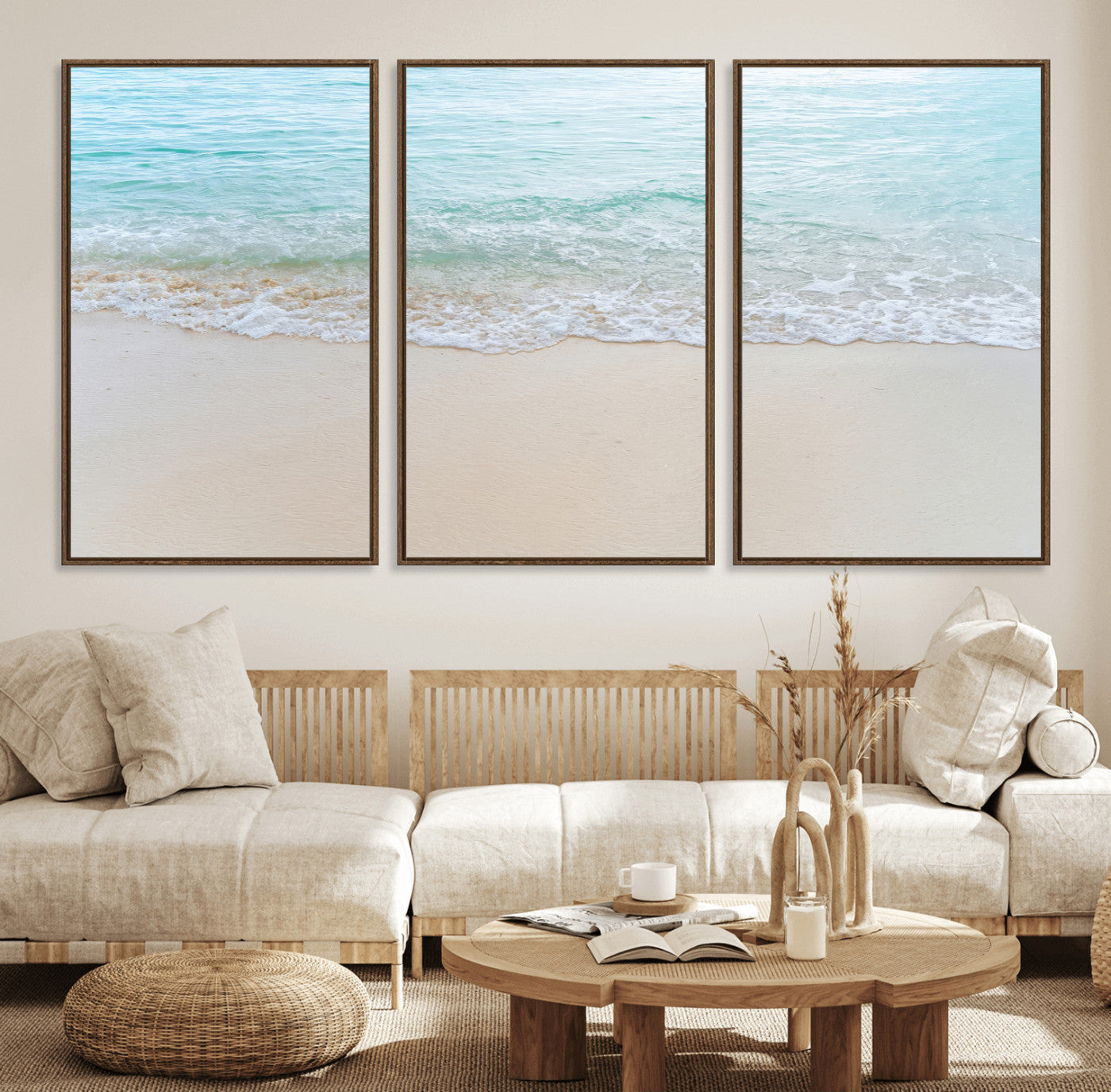 77194056-MGV-FC-60X30-3P_Walnut-Soft Shoreline Wall Art Canvas Print, Framed Gentle Waves Art Picture Print, Clear Water Perfect Minimalist Coastal Decor Artwork
