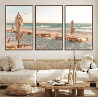 58507949-MGV-CV-36X24-Beach Umbrellas Wall Art Canvas Print, Framed Empty Loungers Art Picture Print, Soft Sand Perfect Minimalist Seaside Decor Artwork