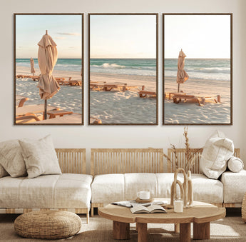 58507949-MGV-CV-36X24-Beach Umbrellas Wall Art Canvas Print, Framed Empty Loungers Art Picture Print, Soft Sand Perfect Minimalist Seaside Decor Artwork