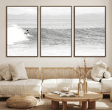 81535128-MGV-FC-60X30-3P_Walnut-Surfer Woman Wall Art Canvas Print, Framed Black Ocean Art Picture Print, Ocean Surfing Perfect Monochrome Coastal Decor Artwork