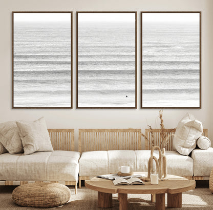 66534476-MGV-CV-36X24-Lone Surfer Wall Art Canvas Print, Framed Ocean Waves Art Picture Print, Minimal Sea Perfect Minimal Coastal Decor Artwork