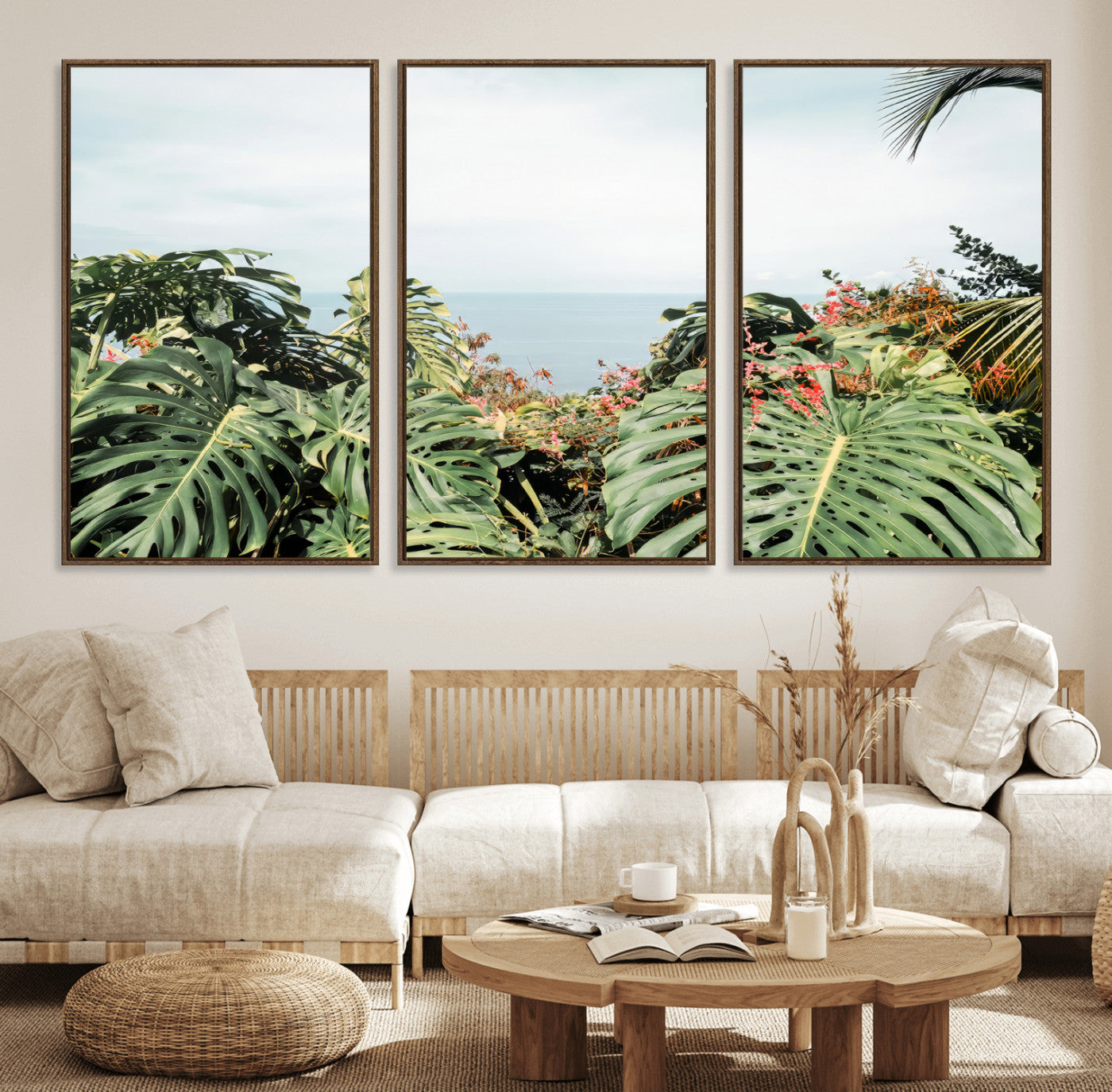 45700479-MGV-CV-36X24-Monstera Leaves Wall Art Canvas Print, Framed Tropical Ocean Art Picture Print, Tropical Foliage Perfect Tropical Coastal Jungle
