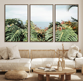 45700479-MGV-CV-36X24-Monstera Leaves Wall Art Canvas Print, Framed Tropical Ocean Art Picture Print, Tropical Foliage Perfect Tropical Coastal Jungle