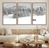 68081143-MGV-FC-60X30-3P_Walnut-Snowy Bison Wall Art Canvas Print, Framed Winter Forest Art Picture Print, Lone Bison Perfect Monochrome Winter Wild Decor Artwork