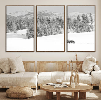 68081143-MGV-FC-60X30-3P_Walnut-Snowy Bison Wall Art Canvas Print, Framed Winter Forest Art Picture Print, Lone Bison Perfect Monochrome Winter Wild Decor Artwork