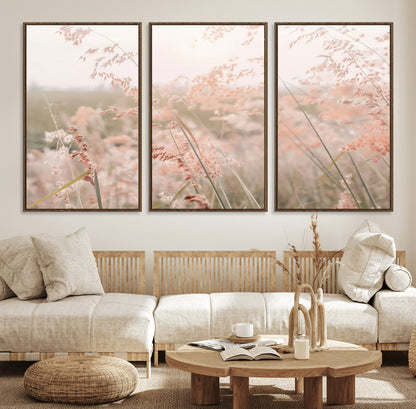 79164340-MGV-FC-60X30-3P_Walnut-Pastel Grasses Wall Art Canvas Print, Framed Soft Meadow Art Picture Print, Field in Breeze Perfect Pastel Minimal Decor Artwork