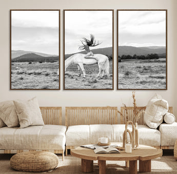 62789800-MGV-FC-60X30-3P_Walnut-White Horse Wall Art Canvas Print, Framed Woman Rider Art Picture Print, Equestrian Pose Perfect Western Boho Decor Artwork