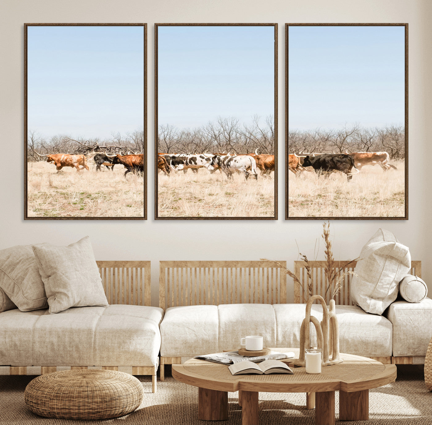16563092-MGV-CV-36X24-Texas Longhorns Wall Art Canvas Print, Framed Western Cattles Art Picture Print, Rustic Herd Perfect Rustic Farmhouse Decor