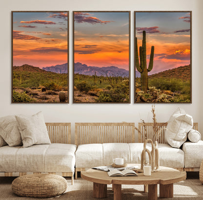 25332783-MGV-CV-36X24-Saguaro Cactus Wall Art Canvas Print, Framed Arizona Sunset Art Picture Print, Sonoran Desert Perfect Southwestern Boho Decor