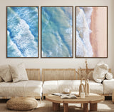 17641845-MGV-FC-60X30-3P_Walnut-Aerial Ocean Wall Art Canvas Print, Framed Blue Waves Art Picture Print, Sandy Shoreline Perfect Modern Coastal Decor Artwork