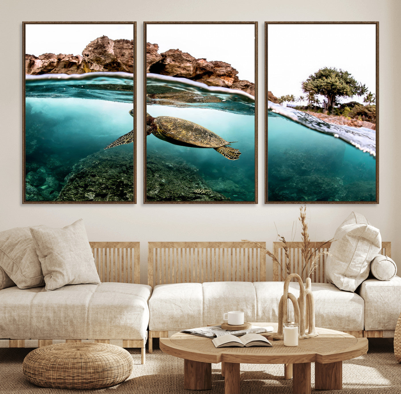 44200301-MGV-FC-60X30-3P_Walnut-Sea Turtle Swim Wall Art Canvas Print, Framed Ocean Life Art Picture Print, Tropical Shoreline Perfect Tropical Coastal Decor