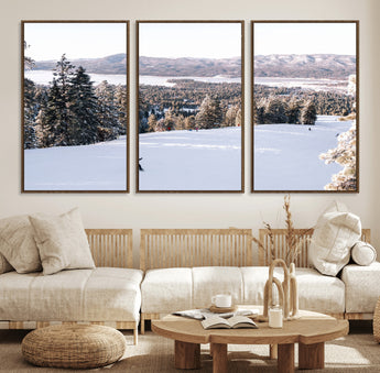 79857868-MGV-FC-60X30-3P_Walnut-Snowy Mountain Wall Art Canvas Print, Framed Ski Slope Art Picture Print, Winter Forest Perfect Modern Rustic Decor Artwork