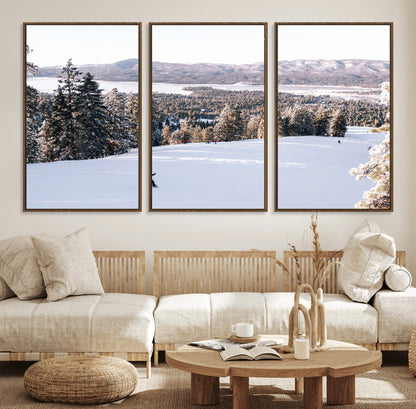 79857868-MGV-FC-60X30-3P_Walnut-Snowy Mountain Wall Art Canvas Print, Framed Ski Slope Art Picture Print, Winter Forest Perfect Modern Rustic Decor Artwork