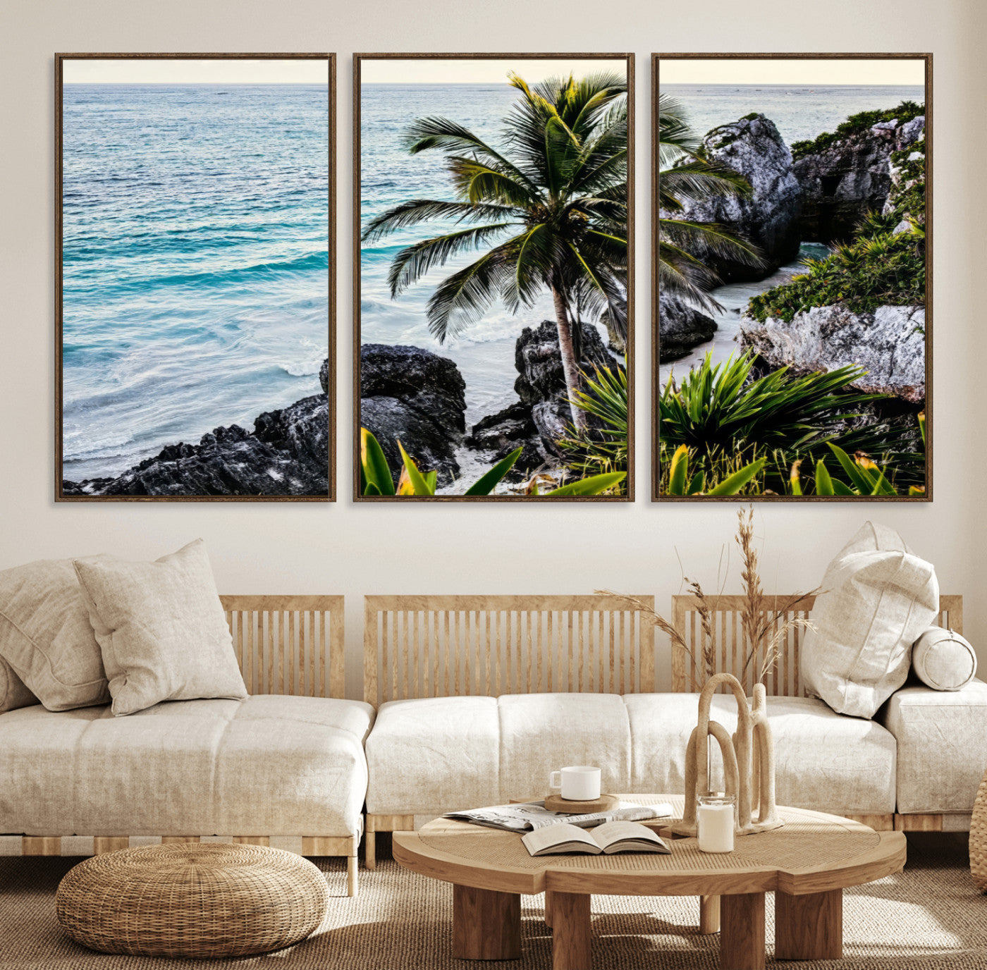 94669907-MGV-FC-60X30-3P_Walnut-Tropical Coastline Wall Art Canvas Print, Framed Palm Tree Art Picture Print, Rocky Beach Perfect Tropical Coastal Decor Artwork