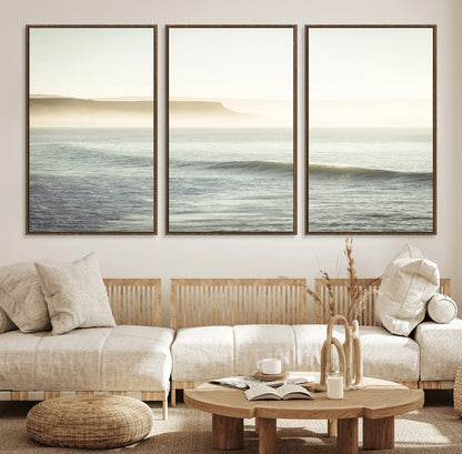 39310633-MGV-FC-60X30-3P_Walnut-Coastal Cliffs Wall Art Canvas Print, Framed Misty Ocean Art Picture Print, Morning Light Perfect Minimalistic Coastal Decor