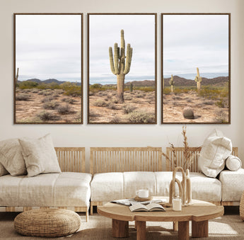 96147924-MGV-FC-60X30-3P_Walnut-Saguaro Cactus Wall Art Canvas Print, Framed Desert Cactus Art Picture Print, Earthy Desert Perfect Southwestern Boho Decor