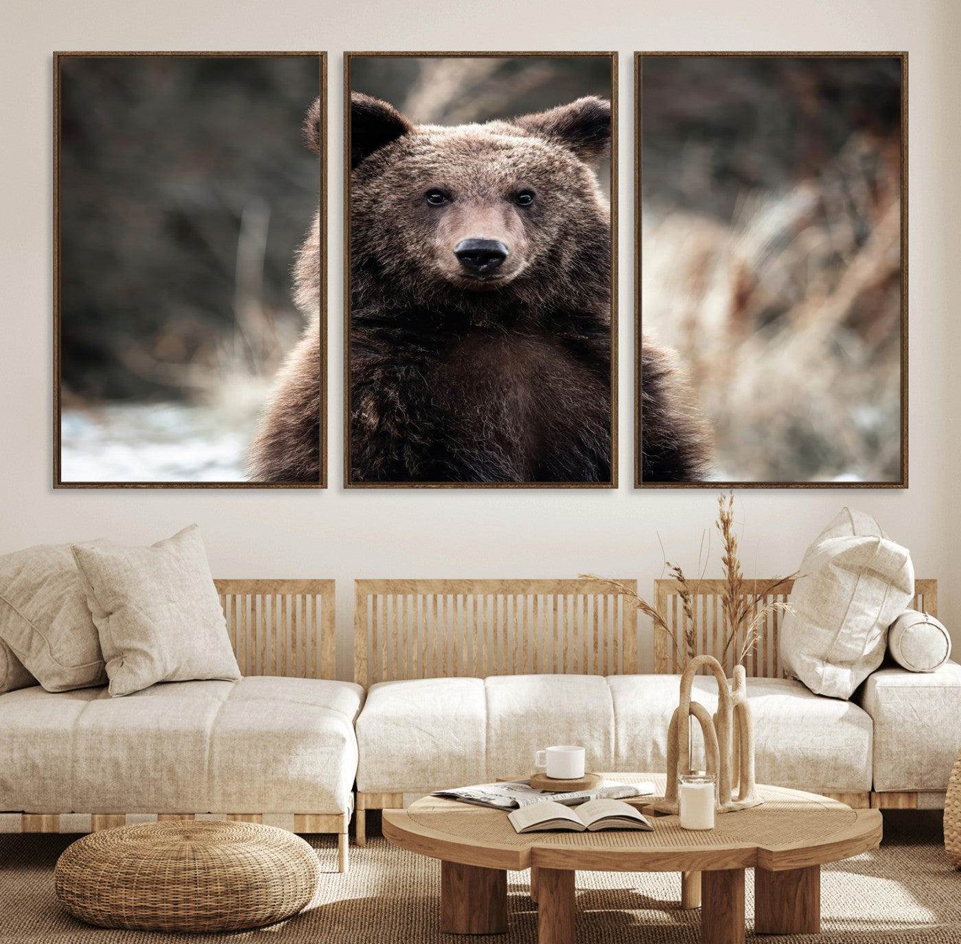 47112103-MGV-CV-36X24-Brown Bear Wall Art Canvas Print, Framed Forest Wildlife Art Picture Print, Woodland Bear Perfect Rustic Cabin Decor Artwork