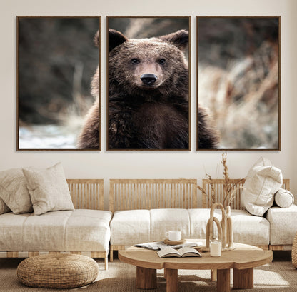 47112103-MGV-CV-36X24-Brown Bear Wall Art Canvas Print, Framed Forest Wildlife Art Picture Print, Woodland Bear Perfect Rustic Cabin Decor Artwork