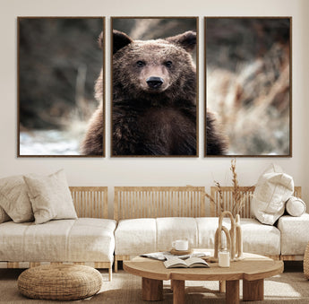 47112103-MGV-FC-60X30-3P_Walnut-Brown Bear Wall Art Canvas Print, Framed Forest Wildlife Art Picture Print, Woodland Bear Perfect Rustic Cabin Decor Artwork