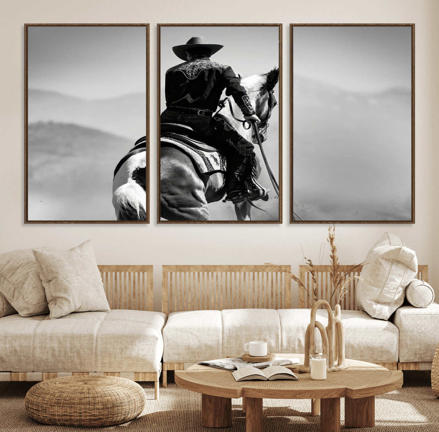 83102464-MGV-FC-60X30-3P_Walnut-Western Cowboy Wall Art Canvas Print, Framed Monochrome Horse Art Picture Print, Western Equestrian Perfect Rustic Western Decor