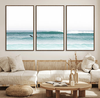 56345117-MGV-FC-60X30-3P_Walnut-Minimalist Surfing Wall Art Canvas Print, Framed Ocean Waves Art Picture Print, Soft Ocean Perfect Minimalist Coastal Decor