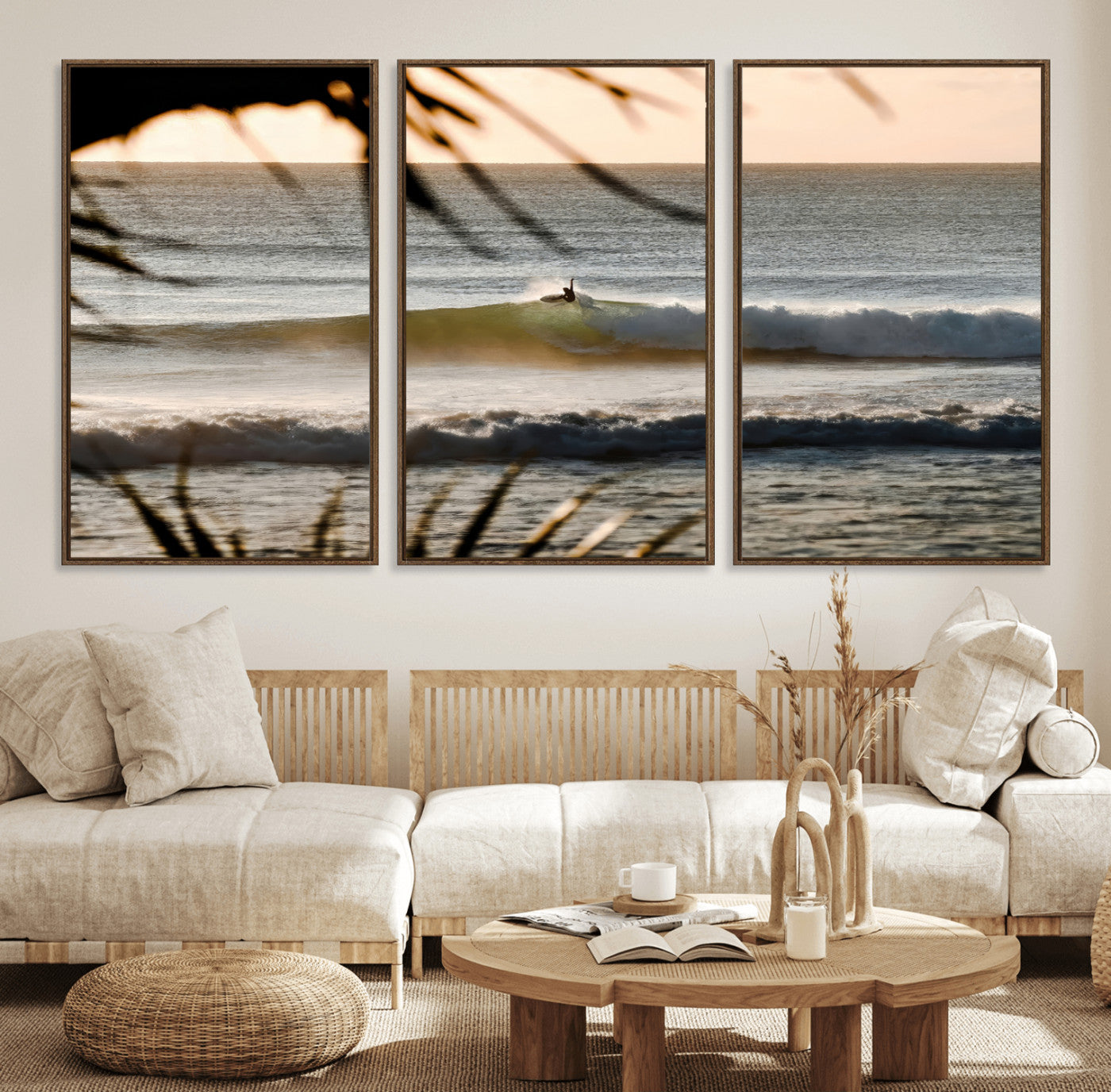 24896468-MGV-CV-36X24-Sunset Surf Wall Art Canvas Print, Framed Golden Waves Art Picture Print, Tropical Ocean Perfect Tropical Boho Decor Artwork