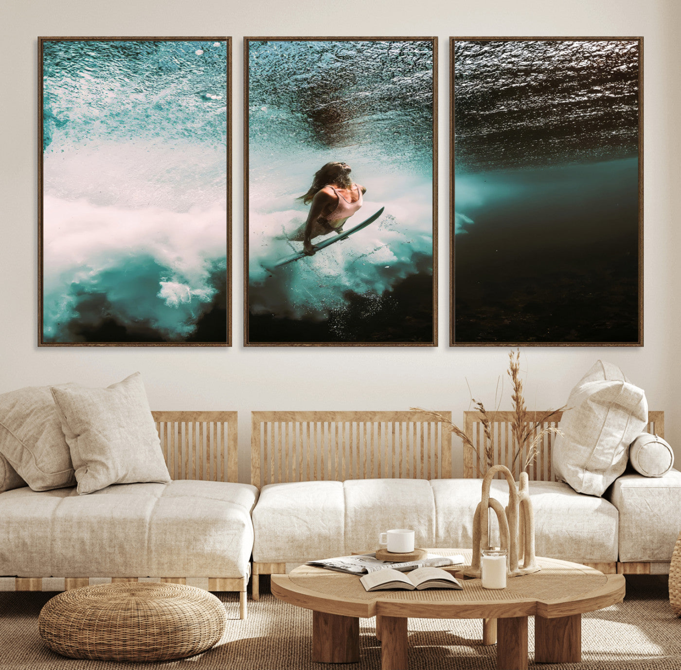 85923512-MGV-CV-36X24-Aquatic Motion Wall Art Canvas Print, Framed Underwater Swimming Art Picture Print, Female Surfer Diving Perfect Coastal Boho