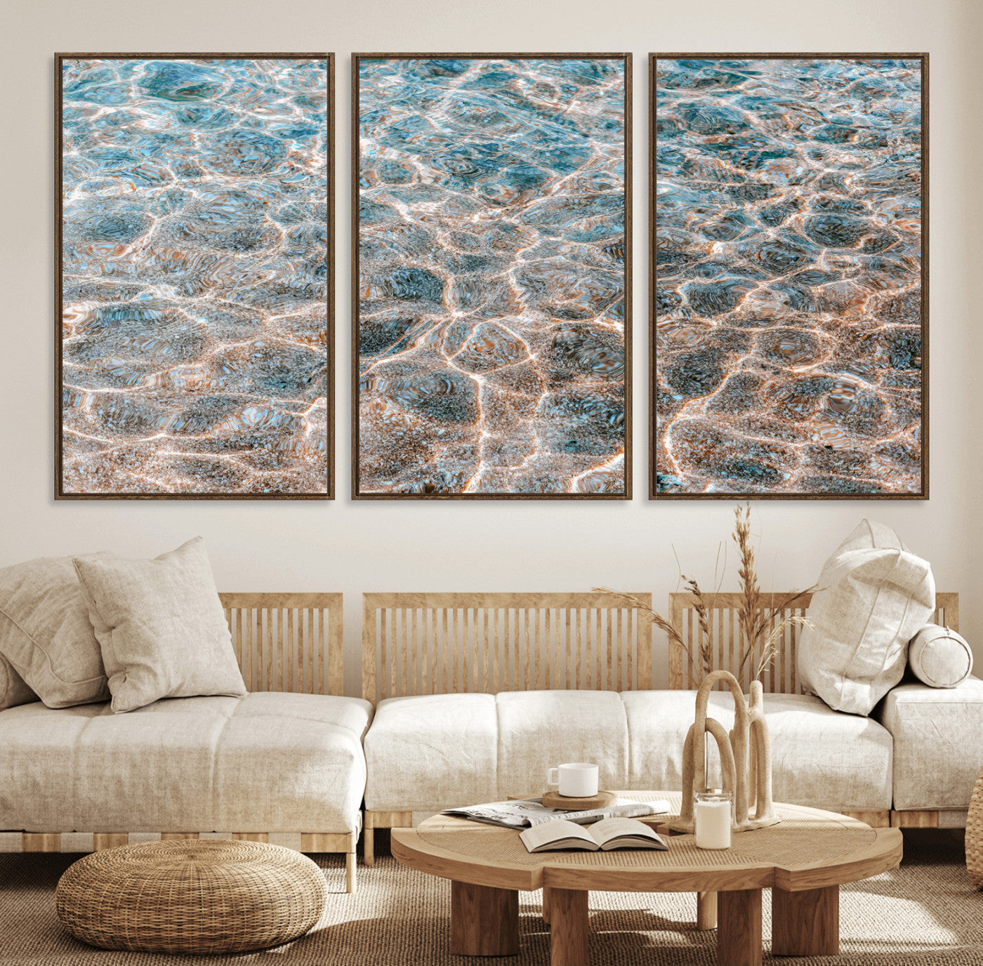 26580287-MGV-FC-60X30-3P_Walnut-Clear Water Wall Art Canvas Print, Framed Sunlit Ripples Art Picture Print, Ocean Texture Perfect Modern Coastal Decor Artwork