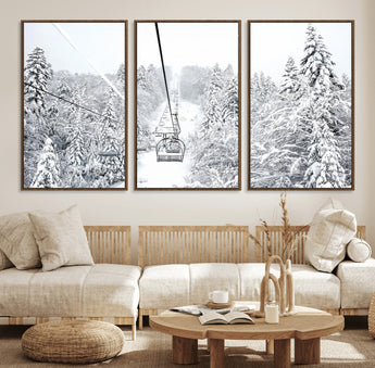 44705668-MGV-FC-60X30-3P_Walnut-Winter Forest Wall Art Canvas Print, Framed Snowy Forest Art Picture Print, Ski Lift Perfect Scandinavian Decor Artwork