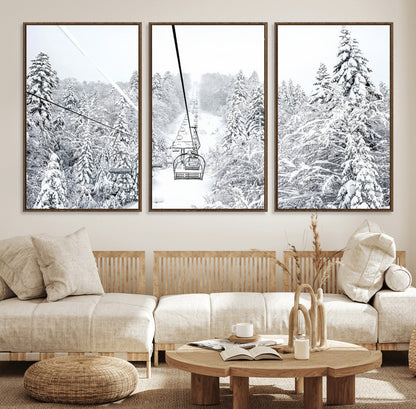 44705668-MGV-FC-60X30-3P_Walnut-Winter Forest Wall Art Canvas Print, Framed Snowy Forest Art Picture Print, Ski Lift Perfect Scandinavian Decor Artwork