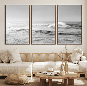98634812-MGV-FC-60X30-3P_Walnut-Black and White Ocean Waves Wall Art – Minimalist Sea Canvas Print, Coastal Photography Decor for Living Room, Bedroom or Office
