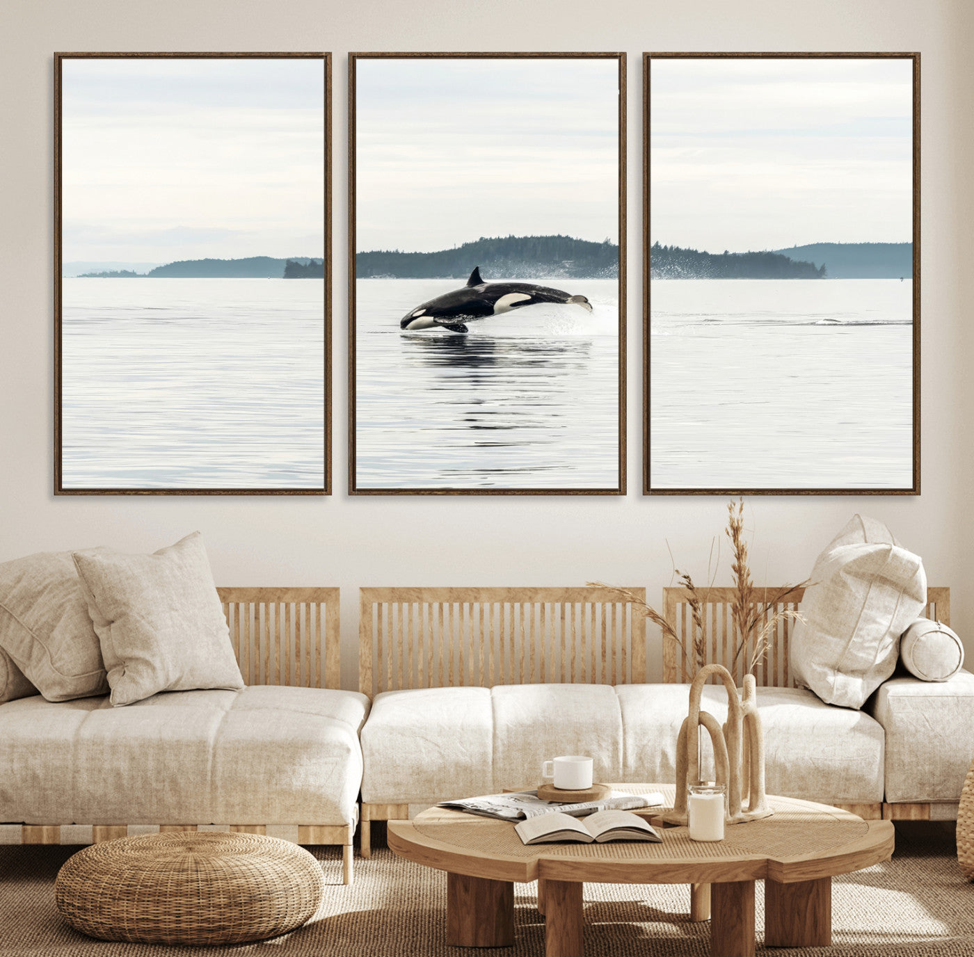 10157174-MGV-FC-60X30-3P_Walnut-Orca Whale Wall Art Canvas Print, Framed Black White Whale Art Picture Print, Minimalist Ocean Perfect Coastal Minimalist Decor