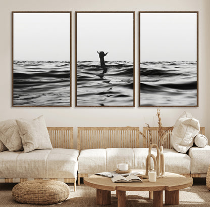 69541918-MGV-CV-36X24-Black White Ocean Wall Art Canvas Print, Framed Moody Seascape Art Picture Print, Surfer Sign Perfect Moody Minimalist Decor