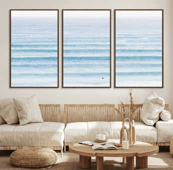 77145995-MGV-FC-60X30-3P_Walnut-Ocean Simplicity Wall Art Canvas Print, Framed Surfer on Water Art Picture Print, Light Blue Perfect Coastal Minimalist Decor