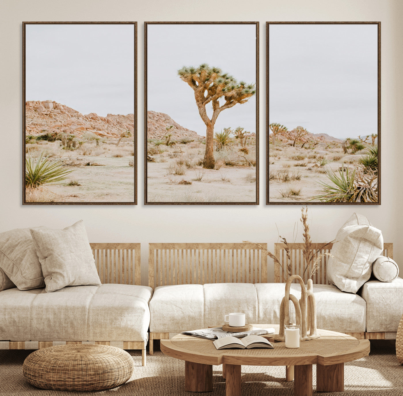 67109959-MGV-FC-60X30-3P_Walnut-Joshua Tree Wall Art Canvas Print, Framed Neutral Desert Art Picture Print, Earthy Landscape Perfect Neutral Boho Decor Artwork