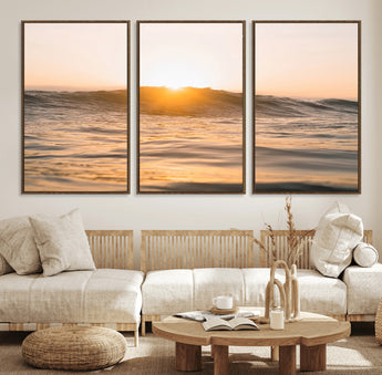 16973771-MGV-CV-36X24-Calm Water Wall Art Canvas Print, Framed Sunset Waves Art Picture Print, Coastal Warmth Perfect Warm Minimalist Decor Artwork