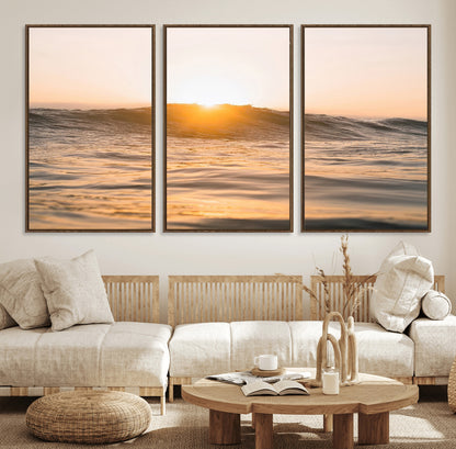 16973771-MGV-CV-36X24-Calm Water Wall Art Canvas Print, Framed Sunset Waves Art Picture Print, Coastal Warmth Perfect Warm Minimalist Decor Artwork