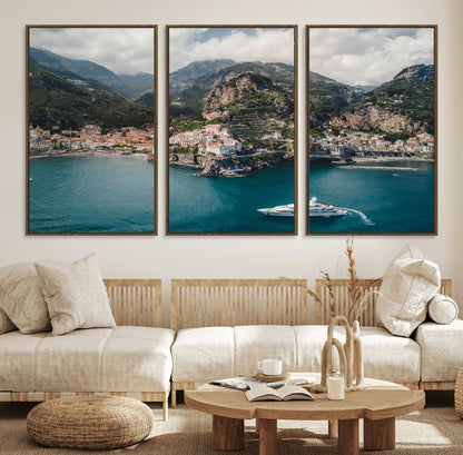 20321590-MGV-FC-60X30-3P_Walnut-Amalfi Coast Wall Art Canvas Print, Framed Italy Travel Art Picture Print, Mediterranean Landscape Perfect Mediterranean Coastal