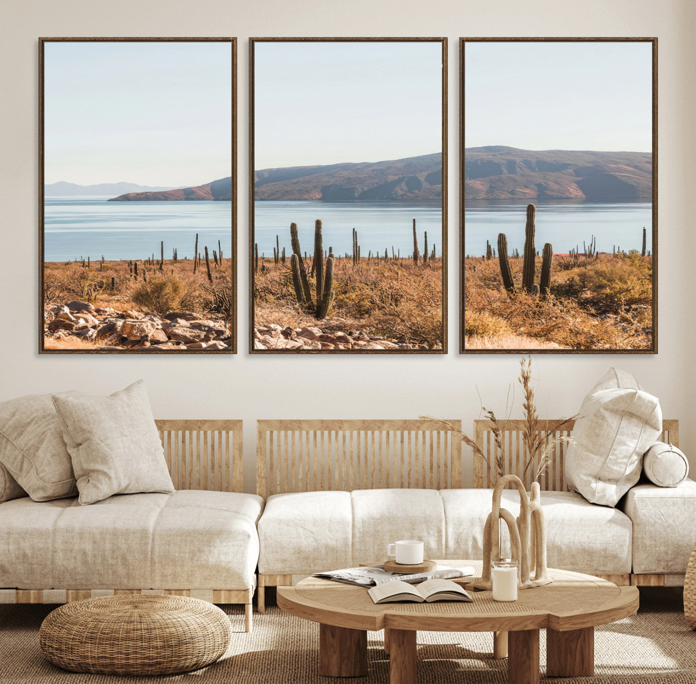 45193515-MGV-FC-60X30-3P_Walnut-Desert Cactus Wall Art Canvas Print, Framed Baja Coastline Art Picture Print, Coastal Desert Perfect Southwestern Minimalist Decor