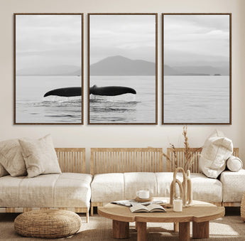 30524220-MGV-FC-60X30-3P_Walnut-Whale Tail Wall Art Canvas Print, Framed Black White Ocean Art Picture Print, Calm Marine Perfect Minimalist Coastal Decor Artwork